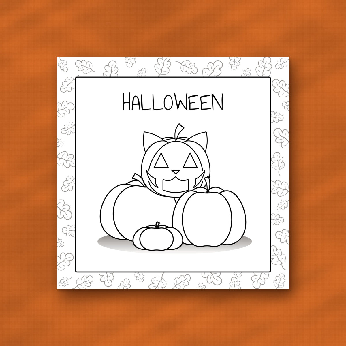 Väritettävä maalauskortti Halloween-kurpitsakissa oranssilla kangastaustalla