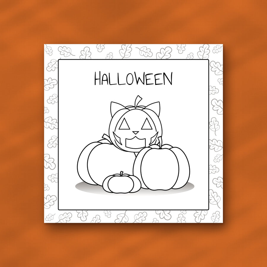 Väritettävä maalauskortti Halloween-kurpitsakissa oranssilla kangastaustalla